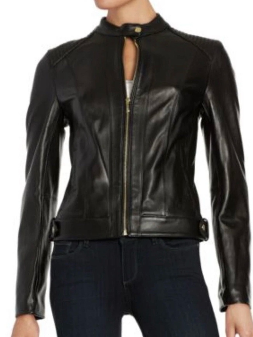 Cole Haan NWT Lambskin Leather Racer Moto Jacket Black Size Large
